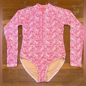 Crewcuts Girls Pink and white Long Sleeve Swimsuit Zip up Rash guard UPF 50